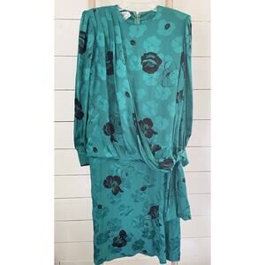 1980s Francesca Of Damon Starington Green Silk Floral Dress Long Sleeve Sz 10